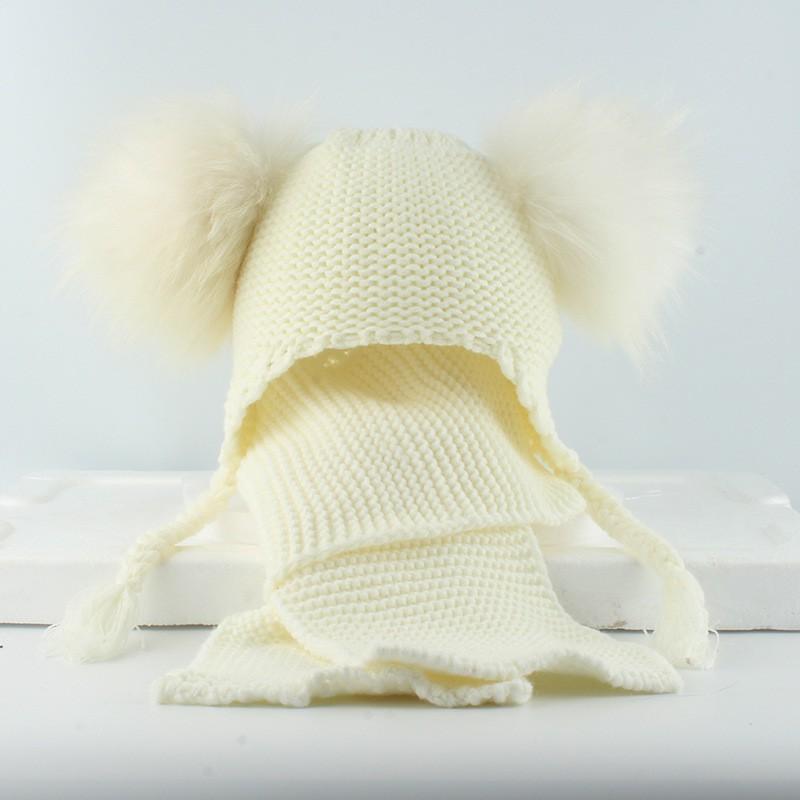 Kids Wool-Blend Knit Beanie With Double Pom Poms Ear Flaps Toddlers Ages 6M-12Y