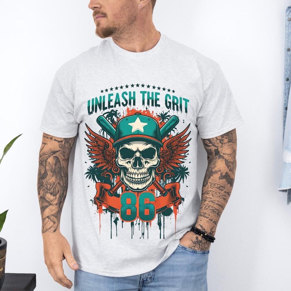 26 Unleash the Grit T-Shirt,Urban Skull with Crossed Bats,Grunge Streetwear Gra Unisex T-Shirt S