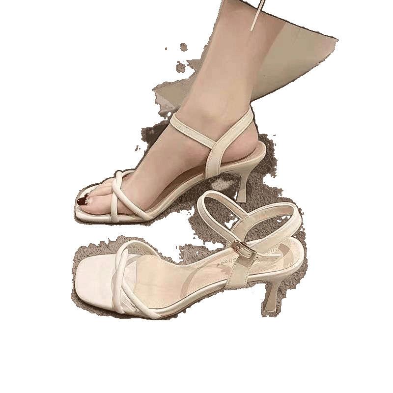 2025 Summer New Thin Strap Square Head One-word Sandals Versatile High Heels Foreign Korean Version with Skirt Light Luxury Women's Shoes