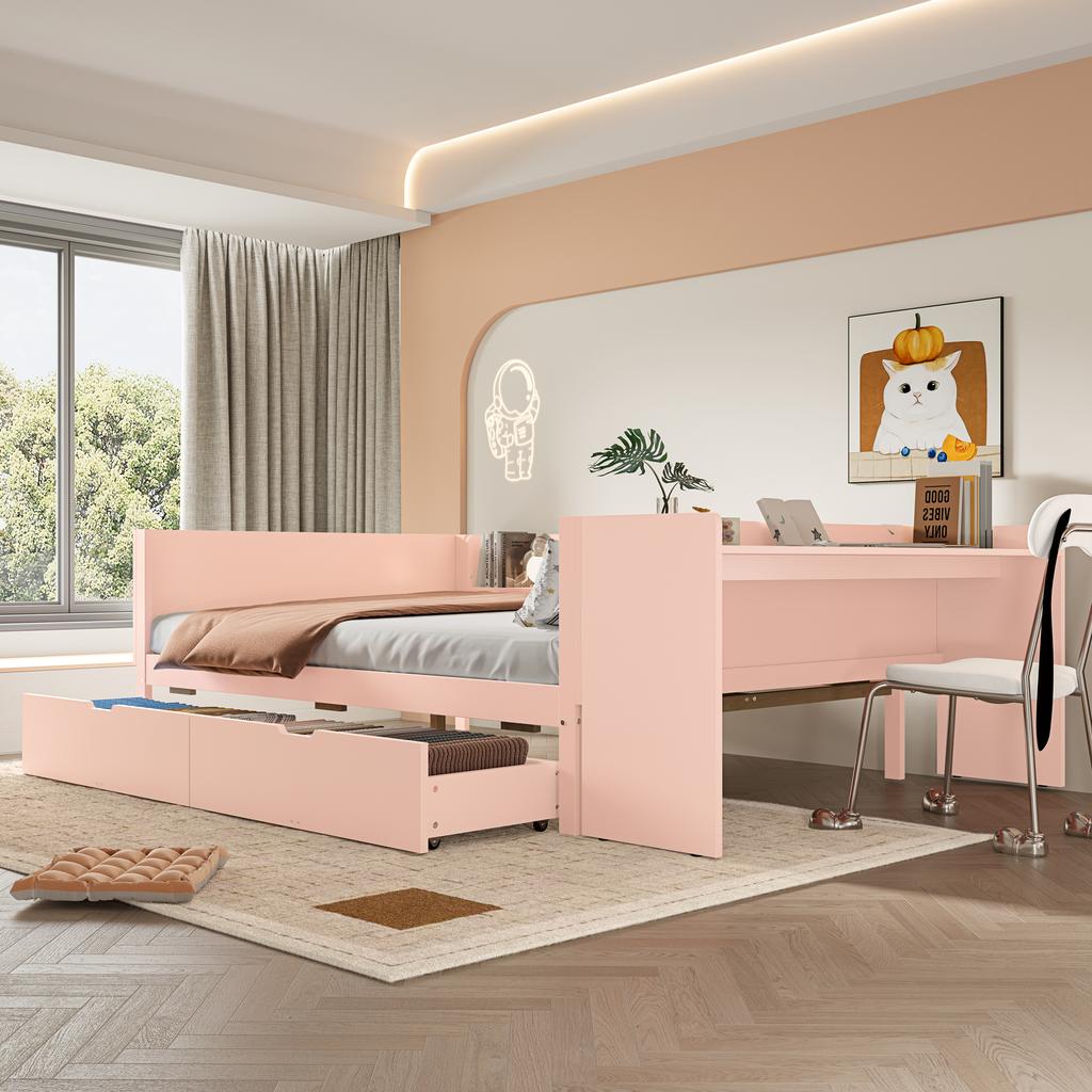 Letto a piattaforma, letto in legno, 140x200cm, con scrivania, dotato di 2 cassetti, letto matrimoniale (senza materasso), con ripiani, pino + truciolare, rosa
