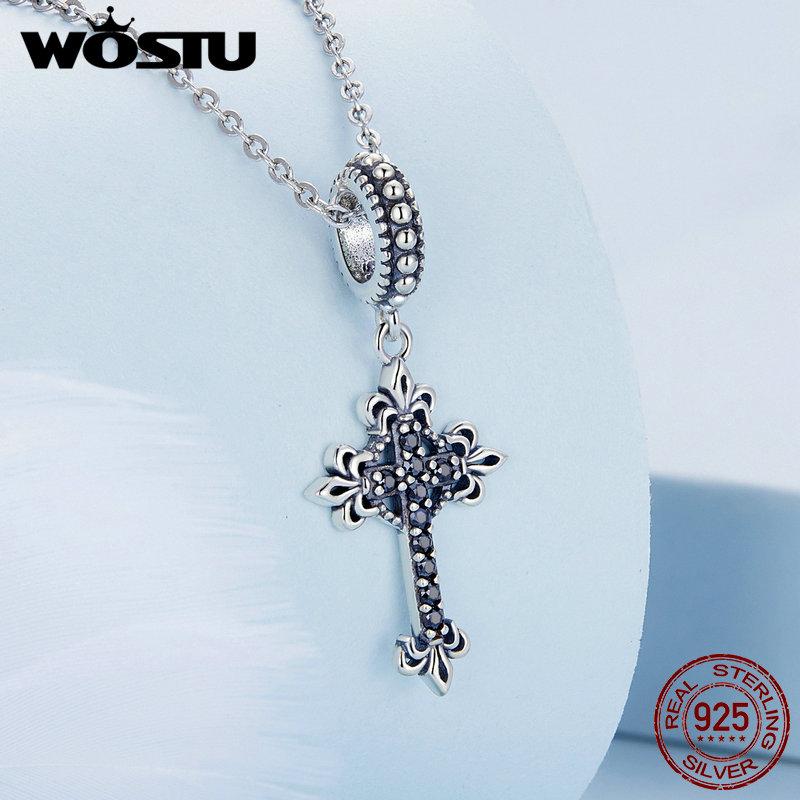 WOSTU 925 Sterling Silver Black Zircon Hollow Cross Charms Pendant Moon Swan Bead Fit Women Bracelet Necklace DIY Jewelry Making