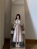 Women's Light Pink Off-Shoulder Dress: Autumn, Sweet Bow Tie, Lace Waist, Long and Trendy
