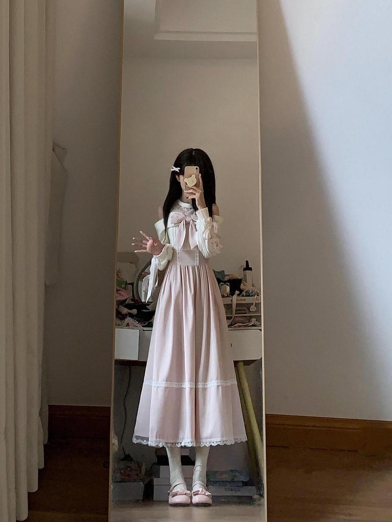 Women's Light Pink Off-Shoulder Dress: Autumn, Sweet Bow Tie, Lace Waist, Long and Trendy