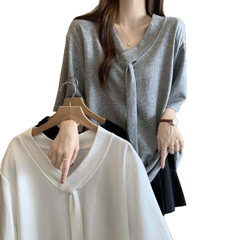 Women's Plus Size Lace-Up V-Neck Short Sleeve T-Shirt - 2025 Summer Loose Fit, Slimming, Versatile Fashion