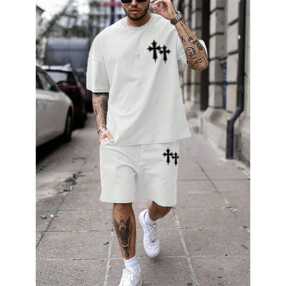 Set Estivo da Uomo a Maniche Corte con Stampa a Croce Pantaloncini Moda Casual Temperamento Set 2 Pezzi Street Shoot Vacanza T-shirt Girocollo