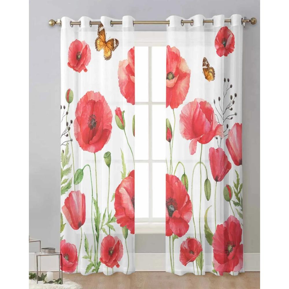 Röda Akvarell Vallmoblommor Skira Gardiner för Vardagsrumsdekoration Fönstergardiner för Kök Tyg Voile Organza Gardiner
