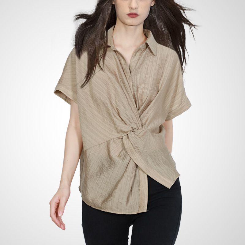 

2025 Лето Новинка Свободный Повседневный Дизайн Кросс Природа Сборки Асимметричная Футболка с Коротким Рукавом для Женщин Модные Топы Khaki XL