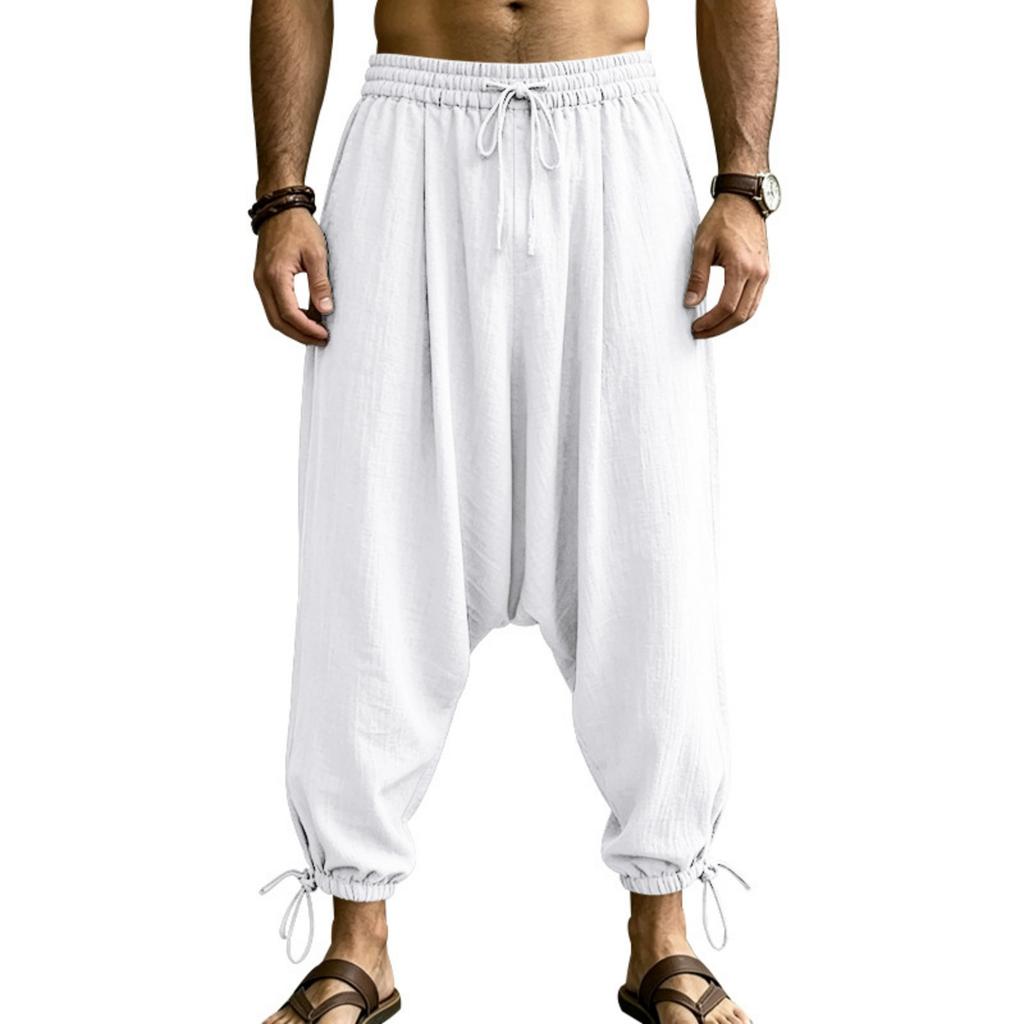 Męskie lniane spodnie joggery z obniżonym krokiem i ściągaczem w pasie na wakacje na plaży i do codziennego letniego ubioru