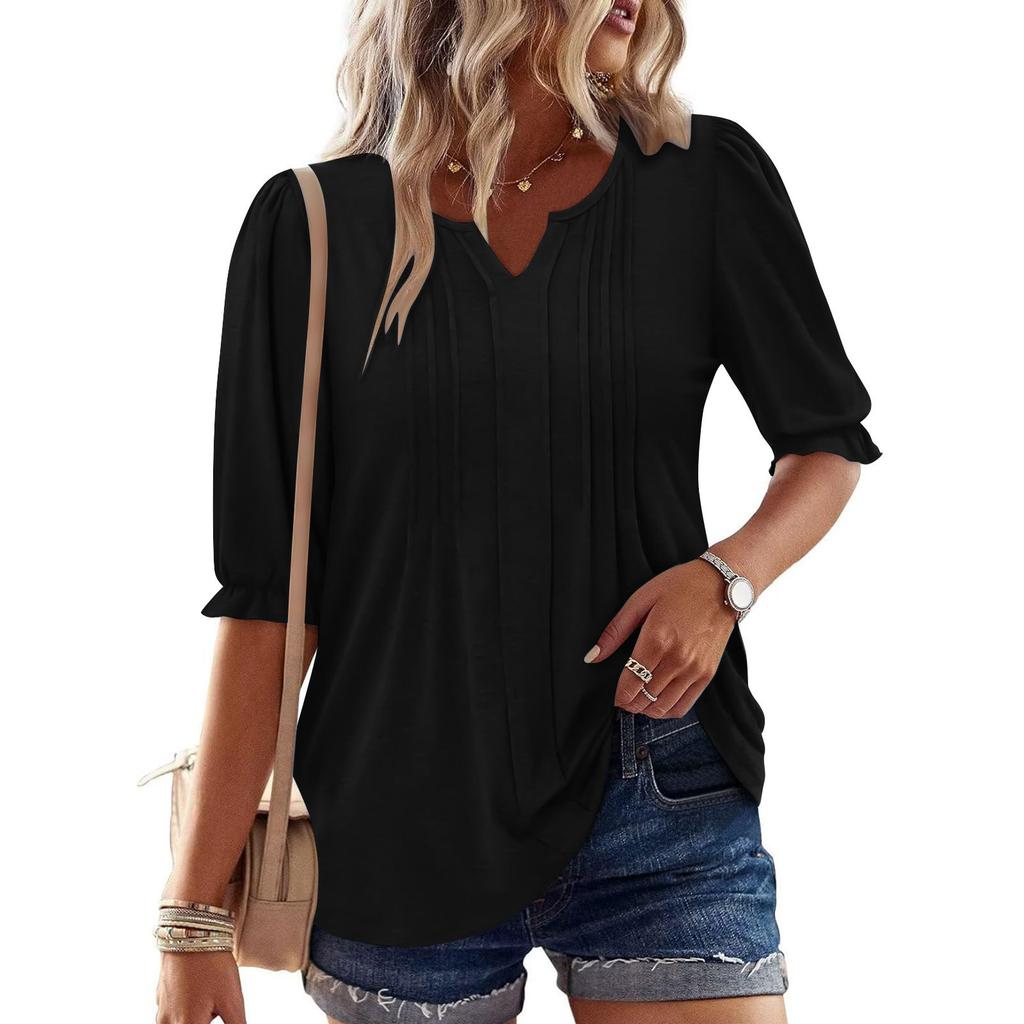 Solid Color V Neck Puff Sleeve Loose Casual Five Quarter Sleeve T Shirt