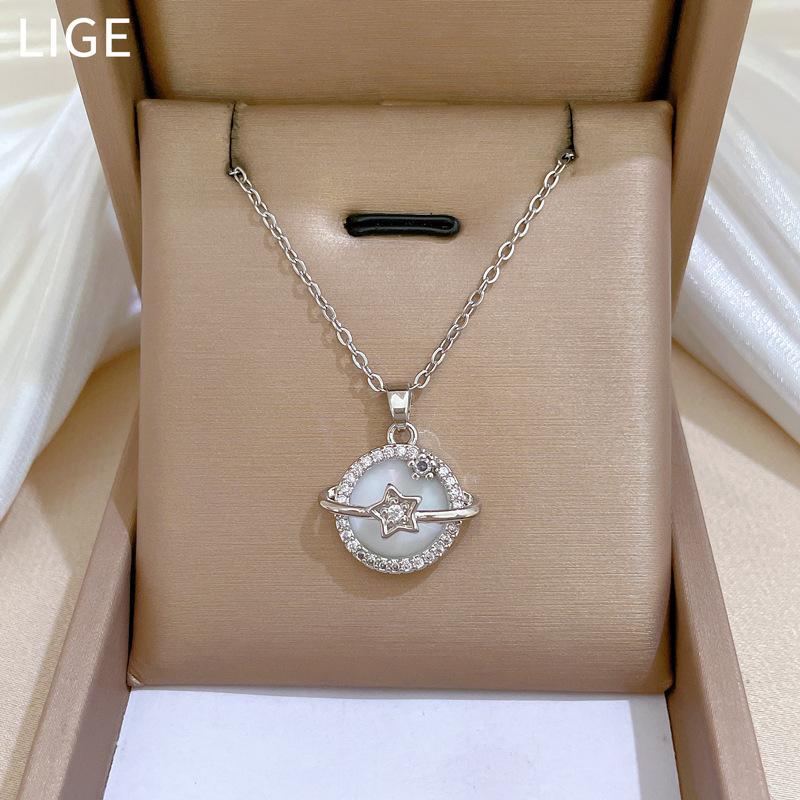 Shell Planet Zircon Light Luxury Temperament Gorgeous Full Diamond Necklace Female Versatile Collarbone Chain Titanium Steel Chain