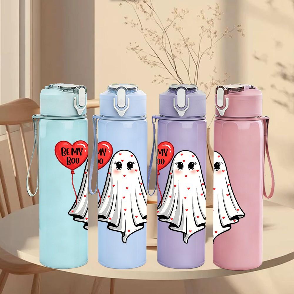 1PC Single Ghost With Red Heart Print 750ml Color Plastic Sports Water Bottle Leakproof Flip Straw Lid Suitable for Sports Office Home Use