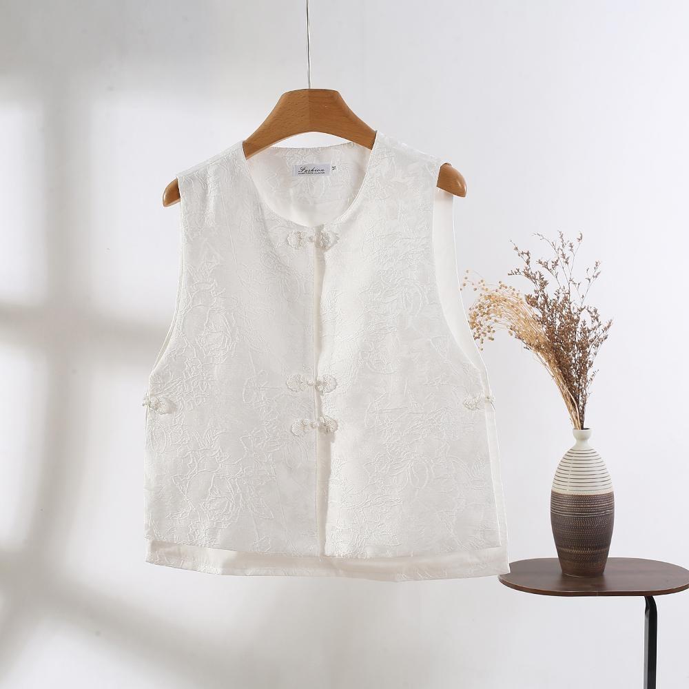 

Летний темпераментный жилет женский круглый вырез жаккард дисковая пряжка универсальный маленький ретро 3XL ([Recommended 138-75kg])