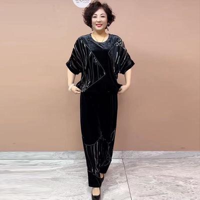 2pcs Pants Suit  Women's  Embroidery Flocking Plus-size Velvet  Blouse High-waist Velvet Harem Pants Two-piece Set Sprint Autumn Outfits