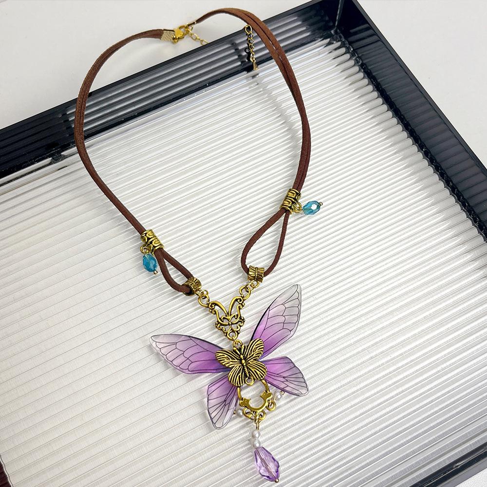 French Vintage Purple Butterfly Necklace New Chinese Ethnic Tassel Choker Versatile Elegant Women Clavicle Chain Gift