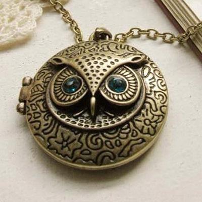 Women's Vintage Blue Rhinestone Eye Owl Locket Pendant Long Chain Necklace