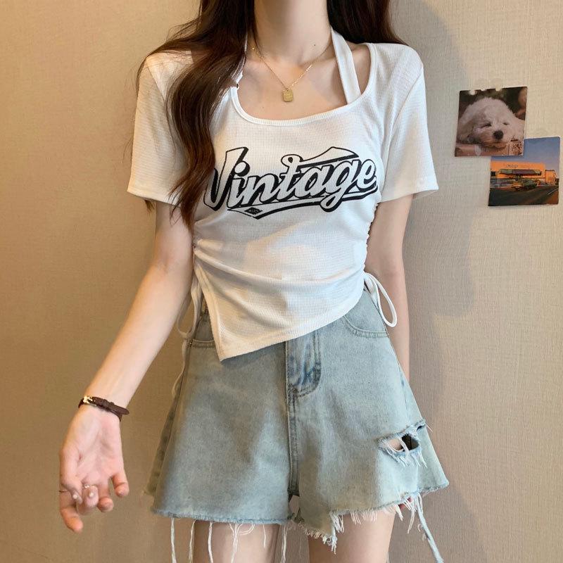 

Plus-Size Halter Neck Straight Shoulder Short Sleeve T-Shirt - Women s Summer Niche Slim Fit Top M [Recommended for 80-95 jin]