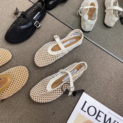 Internet Celebrity Round Head Buckle with Ballet Shoes Women's Mesh Flat Bottom Hollow Mary Jane Single Shoes Fishing Net Shoes Sandals