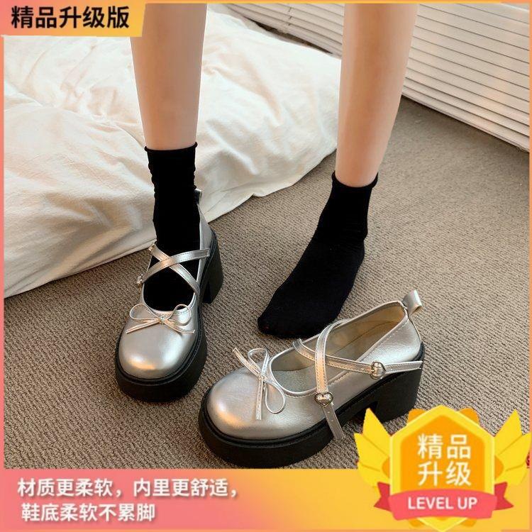 

Bow thick high-heeled small leather shoes women s 2025 summer new Japanese jk heightening French versatile Mary Jane single shoes 40 серебряный
