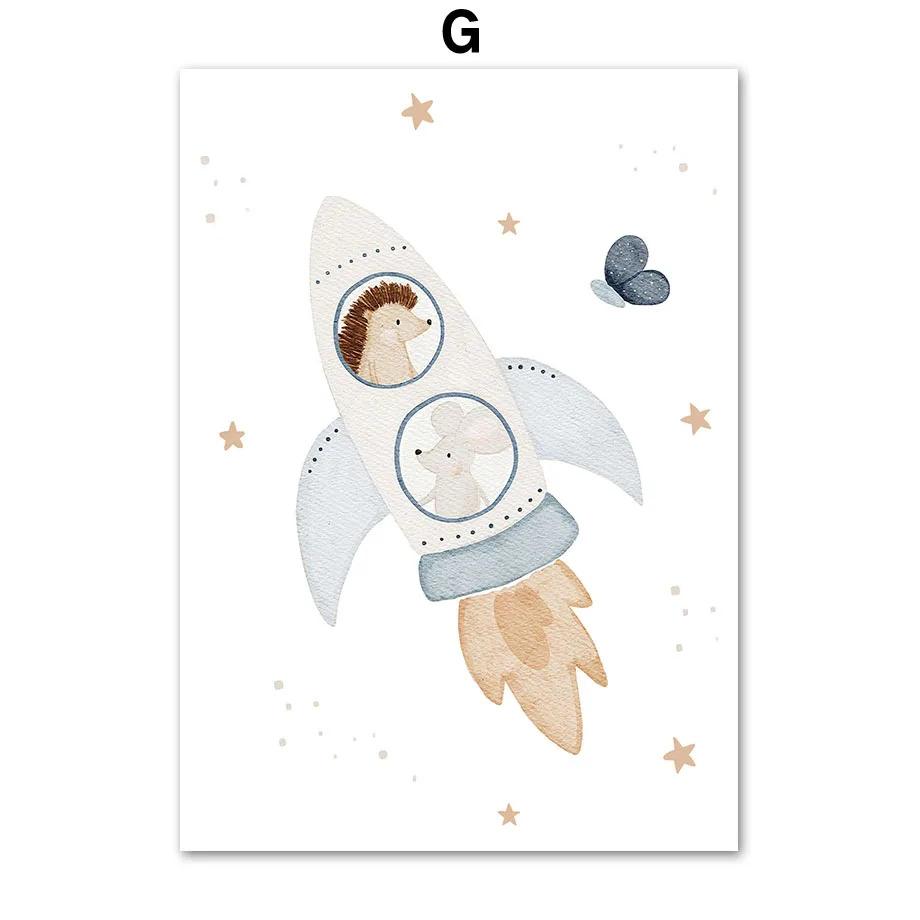 Boho Cartoon Space Astronauts Planet Posters Prints Bear Hedgehog Canvas Painting Wall Art Pictures Baby Kids Room Home