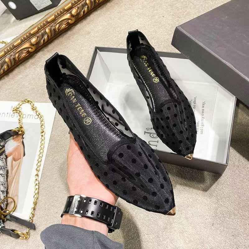 Neue Damen Sommer Flache Sohle Gepunktetes Netzschuhe Weiche Sohle Rutschfest Flach zum Hineinschlüpfen Spitze Zehe Nude Schuhe Ballerinas