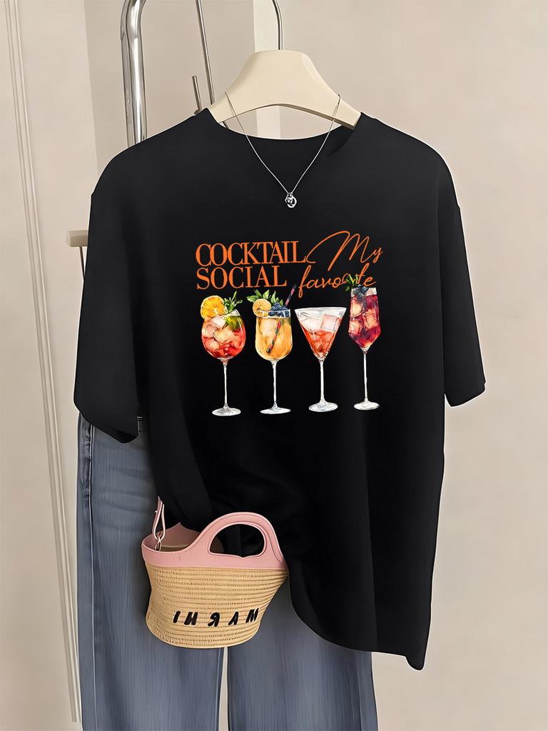 Cocktail Social My Favorite Prints TShirts Women Summer Loose Short Sleeve Tops ONeck Soft T Shirt Basics Casual Woman Clothes