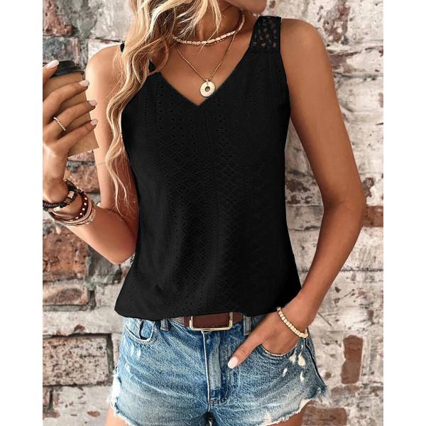 Summer Sleeveless V-Neck Hollow Out Vest with Lace Detailing