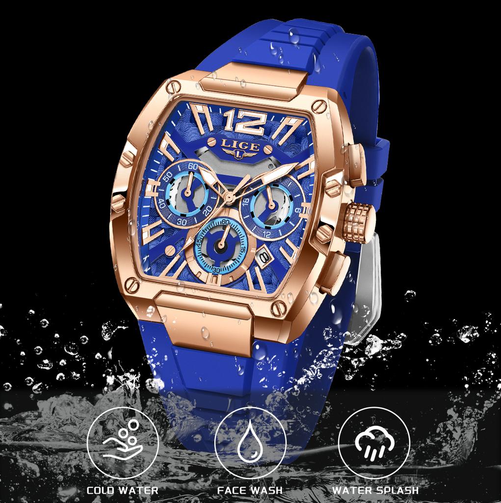 LIGE Men's watches Fashion Square Military Sport Waterproof Silicone Men‘s Quartz Top clock Luminous Chronograph mens wristwatch