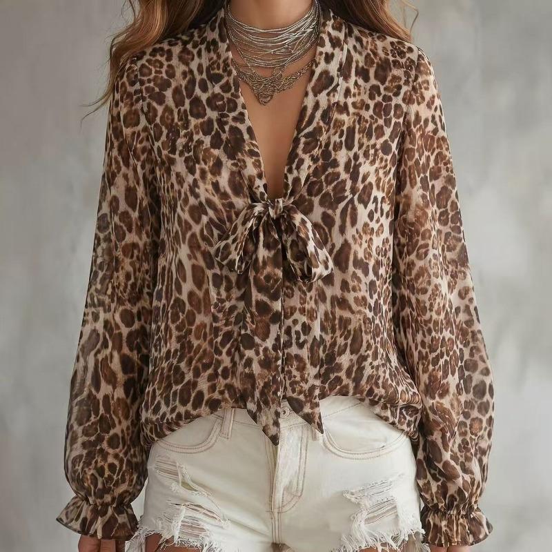 Women S V Neck Leopard Print Long Sleeve Loose Fit Sexy Commute Blouse