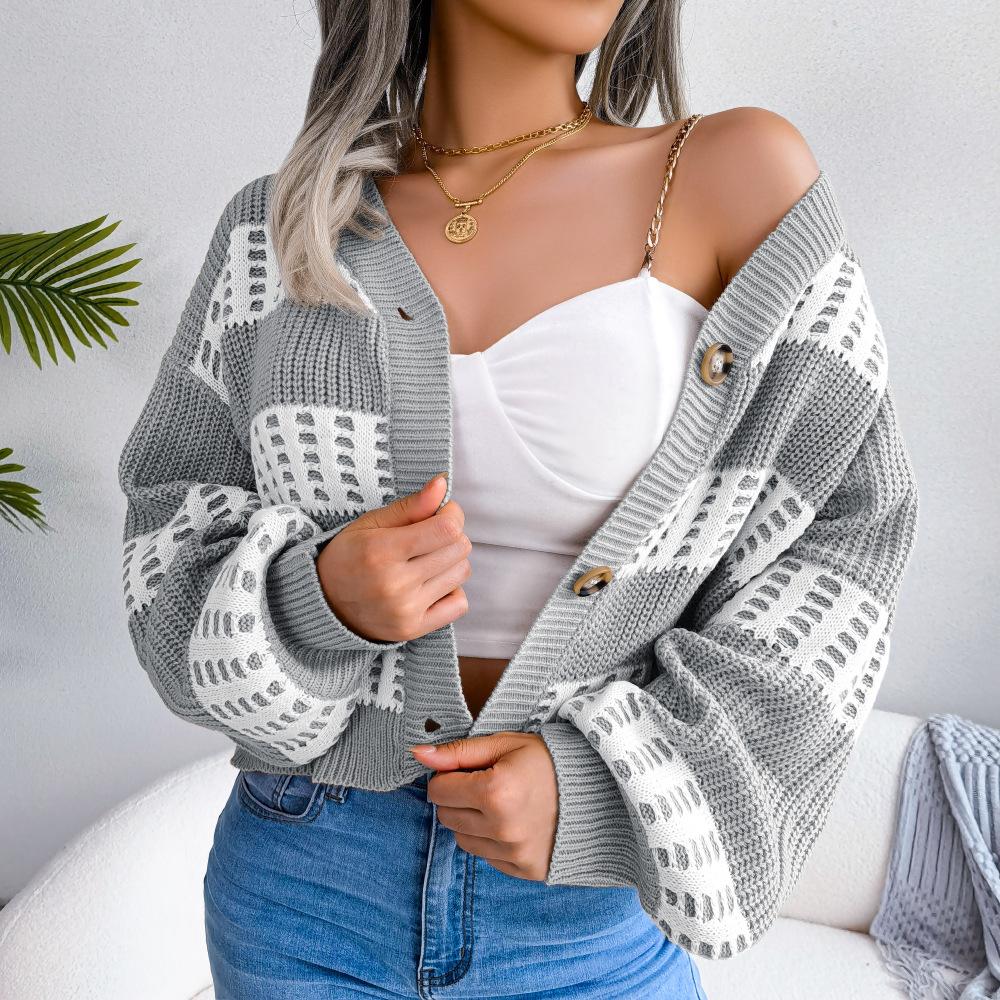 Pulover cardigan cu mânecă lanternă în contrast pentru femei, toamnă iarnă