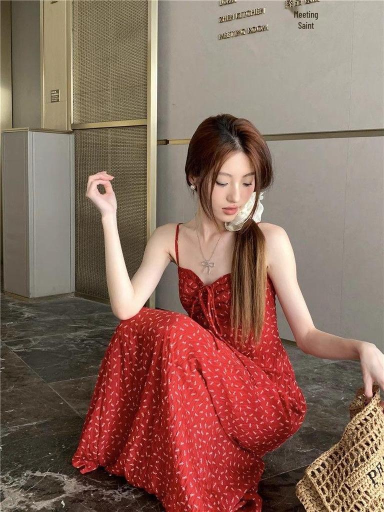 Red Retro Floral A-Line Suspender Dress - Women's Summer Vacation Beachwear
