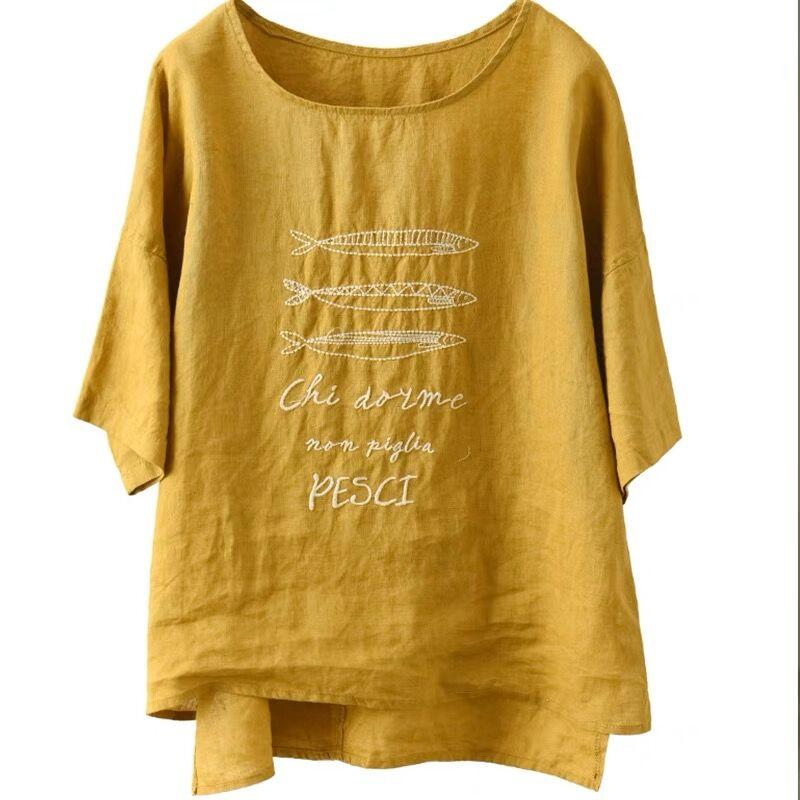 DIMANAF 2026 Summer New Plus Size Women Vintage Embroidery Cotton Linen T-shirt Casual Loose O-Neck Short Sleeve Tops
