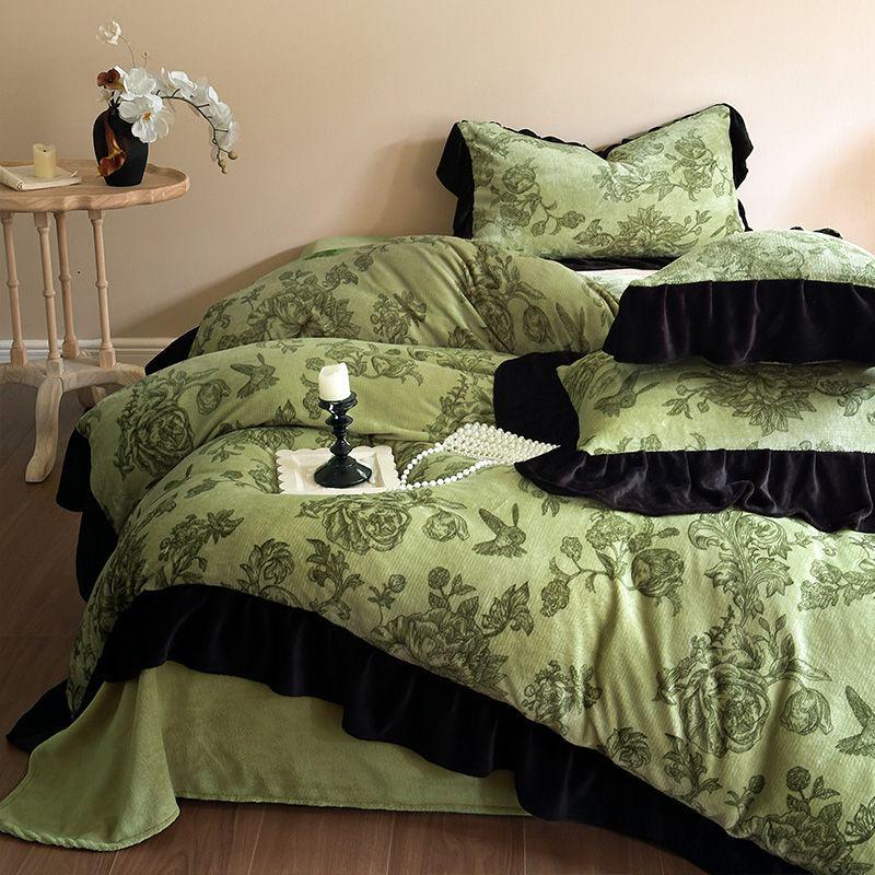 G5Z Melkfluweel & Kant Beddengoed Set: Verdikte Vierdelige Flanel & Koraalvlies, Dubbelzijdig met Dekbedovertrek.