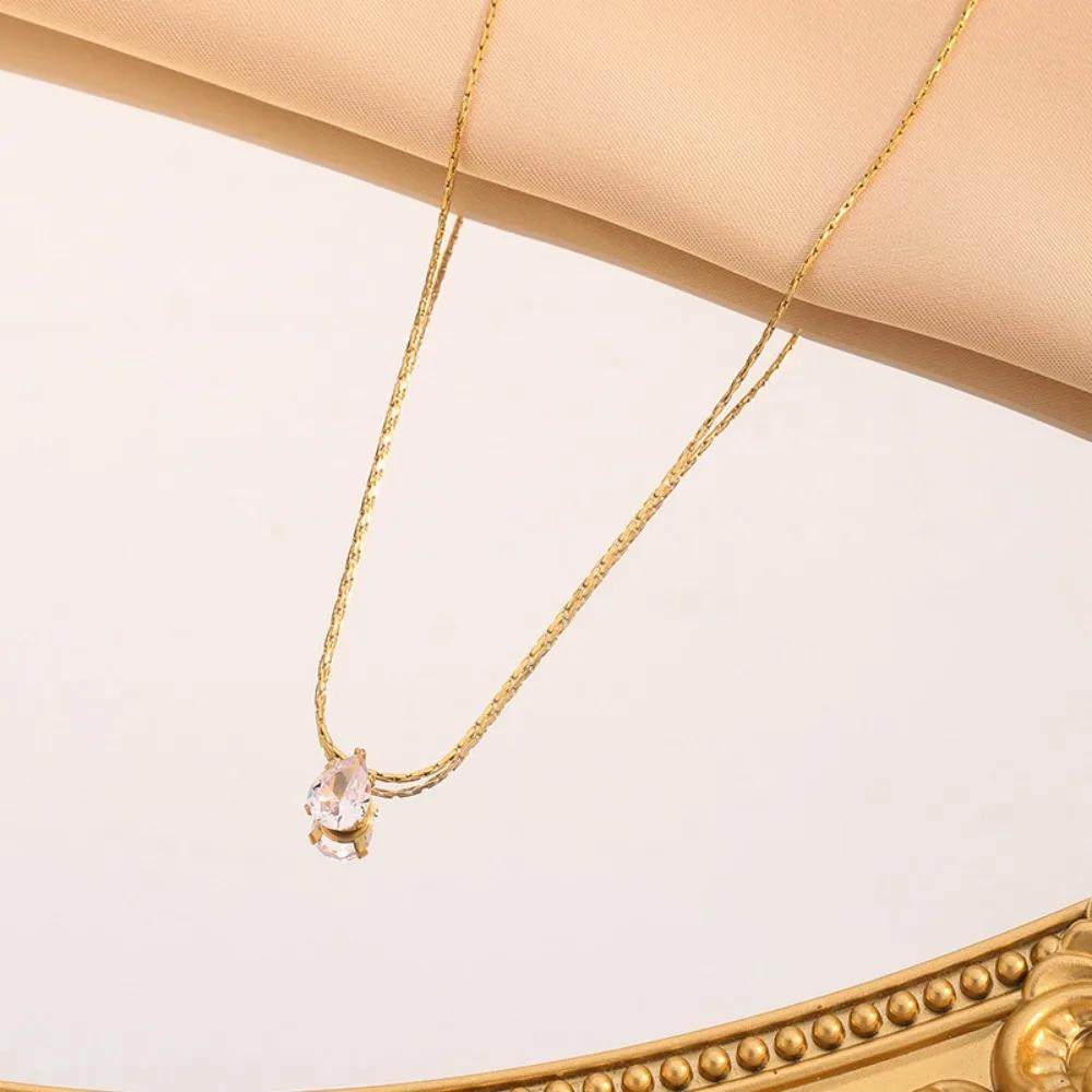 Charm Gold Color Stainless Steel Water Drop Crystal Pendant Necklace for Women High Quality Bride Collar Jewelry Gift Accessory