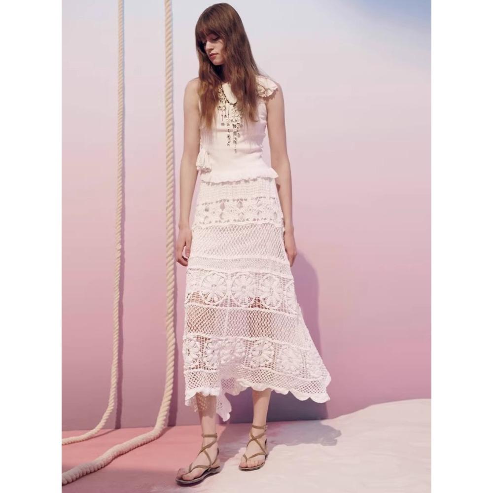 DIMANAF 2026 Neuer Rock Damen Strick Spitze Lang Spitze Durchbrochen Sexy Durchbrochen Sommer Stil Locker Basic