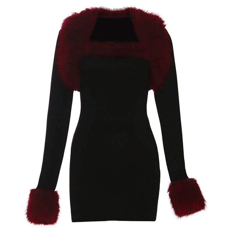 

2025 Autumn and Winter New Women s Clothing Hot Girl Style Elegant Design Plush Splicing Long-Sleeved Hip-Hugging Dress Suit for Women Black S