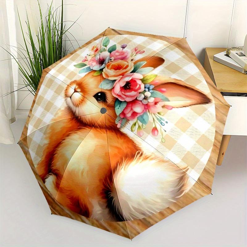 1pc Bunny Floral Crown Automatic Folding Umbrella - 8-Rib Iron Frame, Windproof, Portable Sunshade with Plastic Handle for Travel & Outdoor