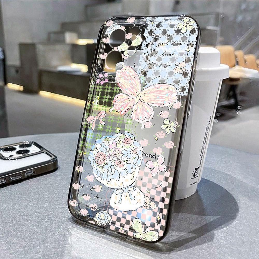 Korean plaid butterfly flower for iPhone17promax Apple 16 mobile phone case 14/13 cute 15