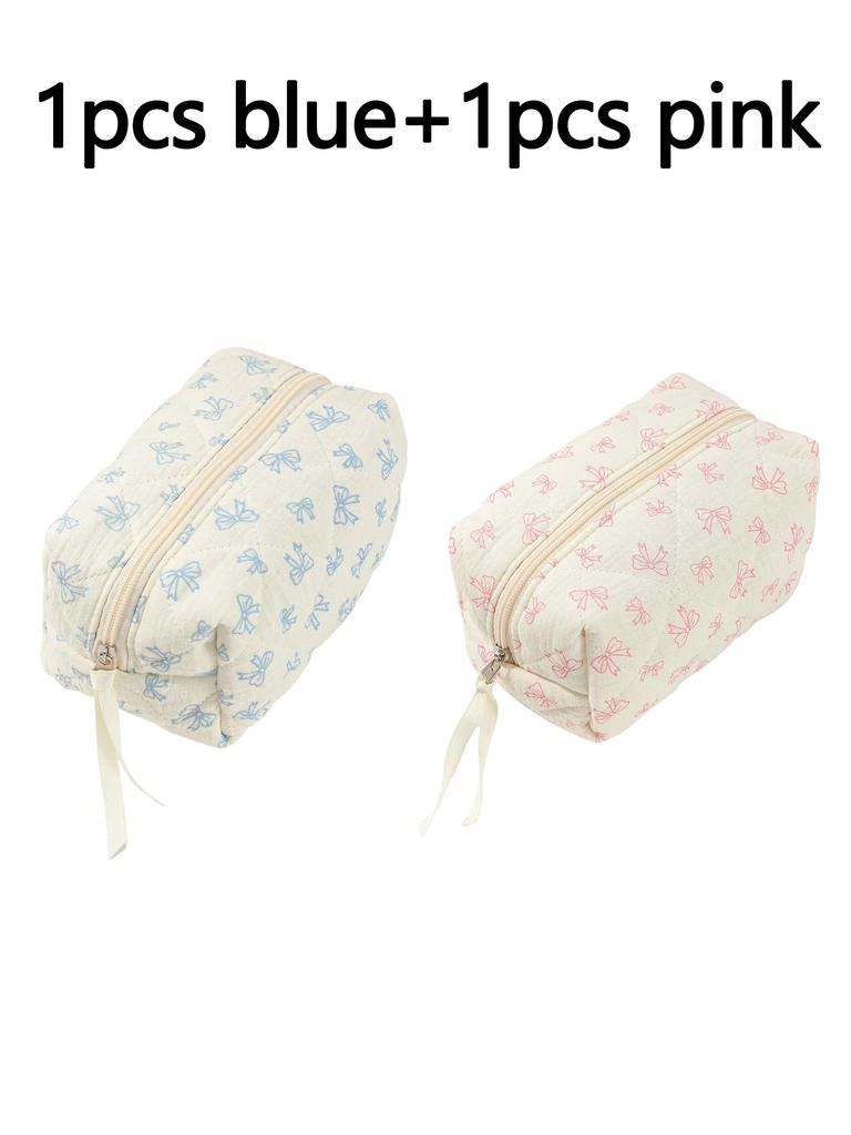 Floral Bow Cotton Makeup Bag, Large Travel Cosmetic Pouch, Flower Print Storage Organizer, Durable & Stylish Design