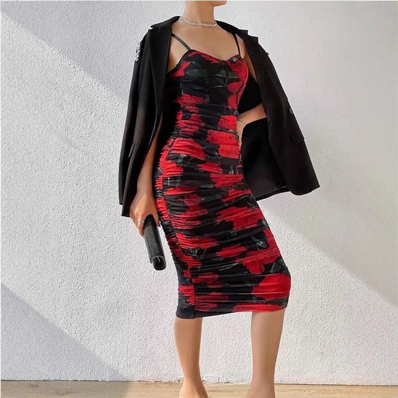 European and American Spice Girls Style Printed Mesh Suspender Skirt Low Chest Sexy Halter Hip Skirt Waist Folded Dress