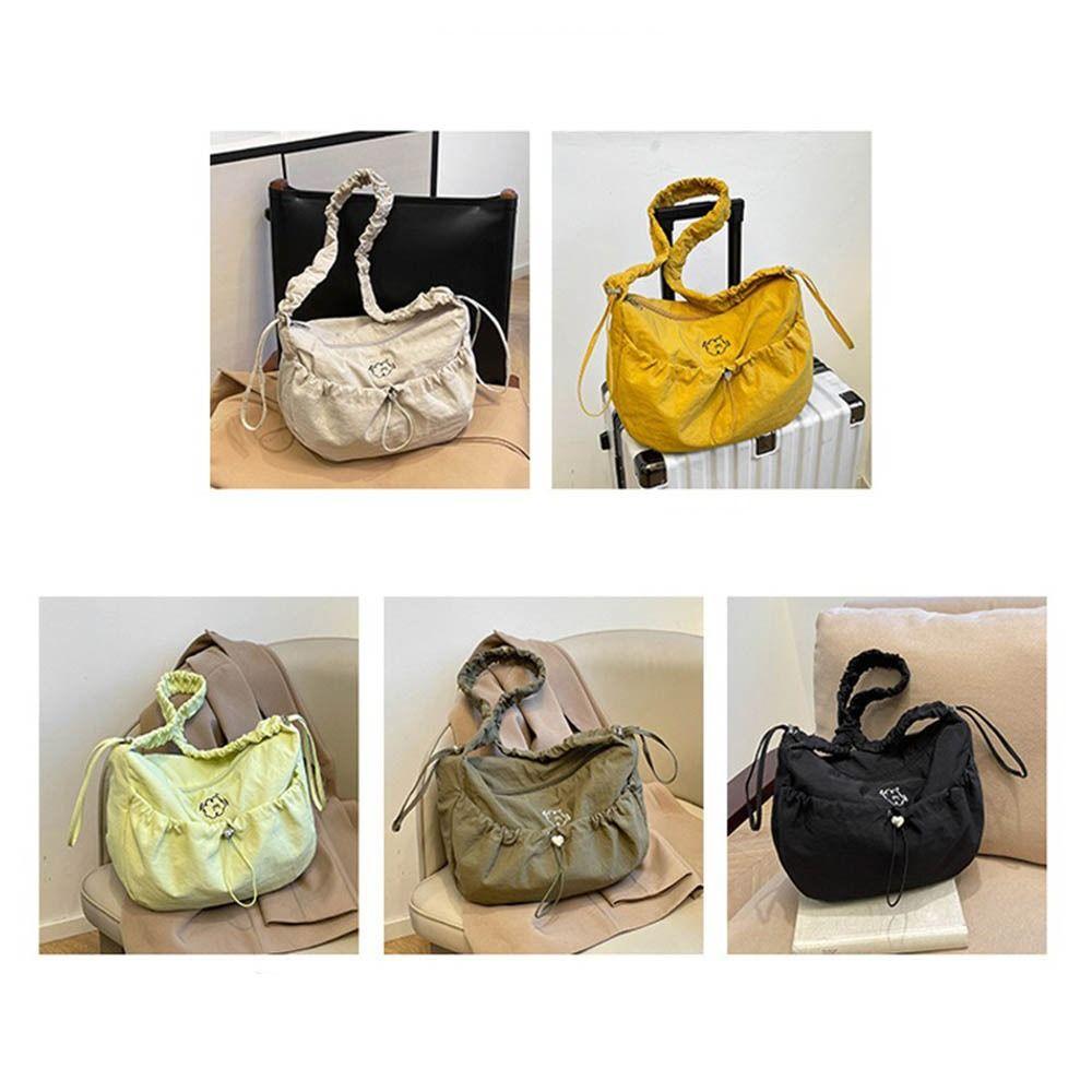 Nylon Drawstring Crossbody Bag Large-Capacity Tote Bag Trendy Pleated Shoulder Bag Outdoor