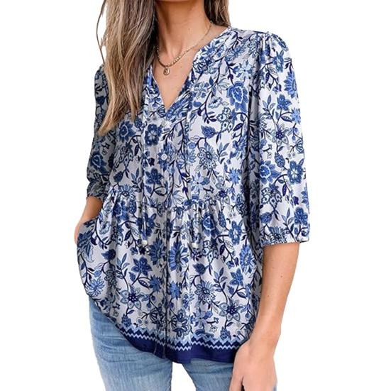 Women Shirt Loose Fit V Neck Printed Button Placket Shirt Tops Half Sleeve Breathable Summer Casual Tops S синий