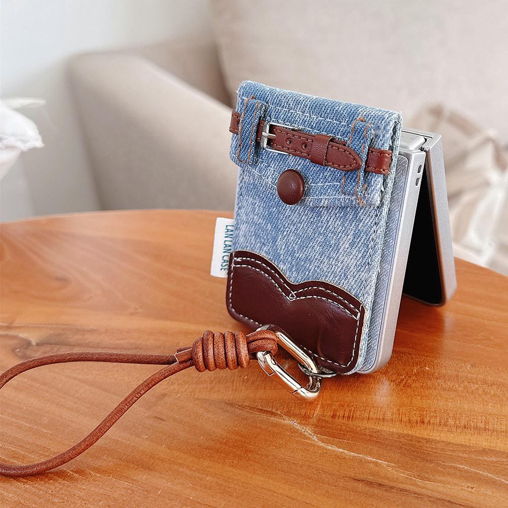 Denim Cardholder Phone Case for Samsung Galaxy Z Flip 7 Flip 5 Flip 6 3 4 Wrist Chain Shockproof Back Cover