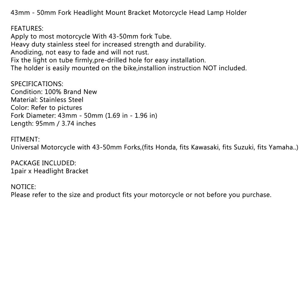 43mm-50mm Fork Black Headlight Mount Bracket Motorcycle Head Lamp Holder Adapter