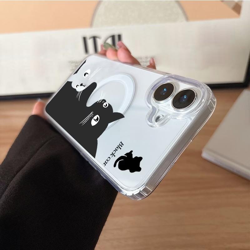 Magnetic Phone Case for iPhone 17 17E 16 16E 15 14 13 12 11 Air Pro Max Plus Cute Cat Pattern Transparent Soft TPU Slim Cover