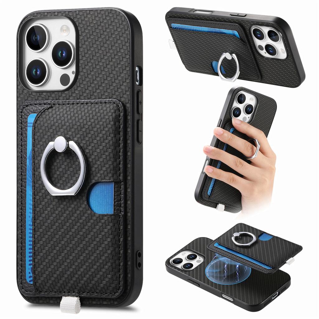 For iPhone 16 Pro Case Ring Kickstand Leather Back Cover with Magnetic Detachable Card Holder