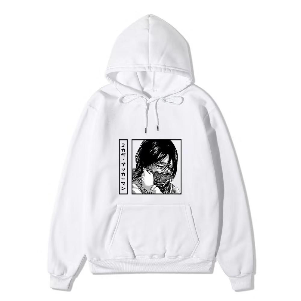 Unisex Attack on Titan Mikasa Ackerman Hoodie, Black White Manga Graphic Print Long Sleeve Pullover Hooded Sweatshirt Streetwear