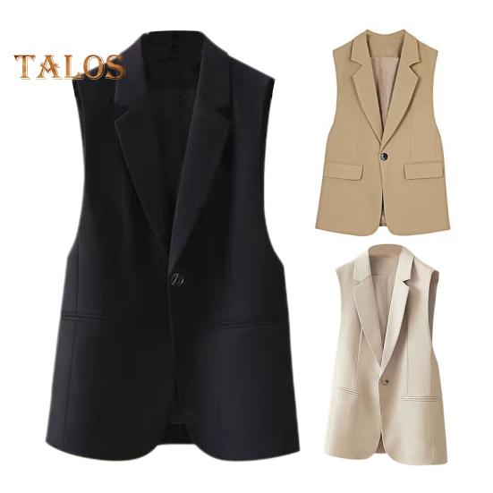 Women Suit Waistcoat Single Button Closure V Neck Lapel Sleeveless Cardigan Mid Length Solid Color Formal Business OL Commute Coat