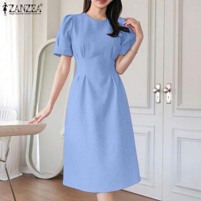 Women Casual Round Neck Solid Color Summer Short Sleeve Dress