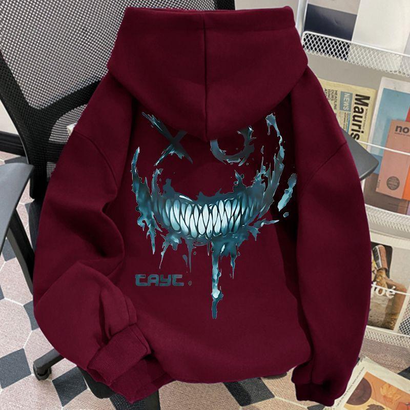 Men's hooded sweatshirt autumn and winter versatile loose clown print plus velvet thickened top street fashion sweatshirt