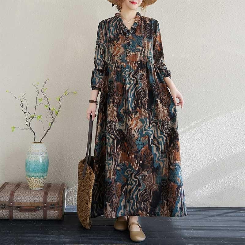 Real Spring and Summer New Retro Cotton and Linen Printing Loose Casual Fungus Lace Collar Long-sleeved Big Swing Dress